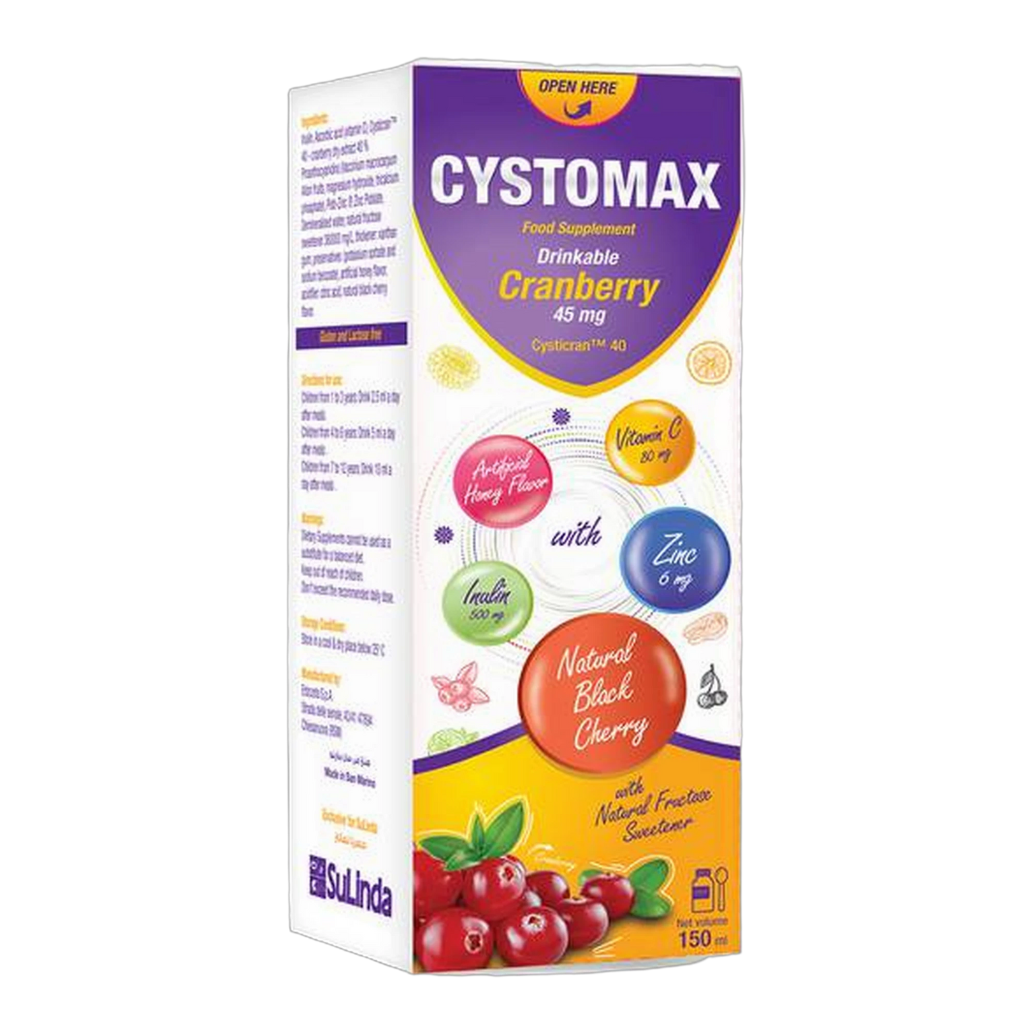 Cystomax with Cranberry 45 mg, Inulin 500 mg, Vitamin C 80 mg and Zinc 6 mg Natural Fructose Flavor 150 ml