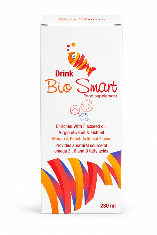 Biosmart Syrup Virgin Olive Oil 1g, Flaxseed Oil 0.5g and Omega-3 1g Mango and Peach Flavor 230 ml (UAE)