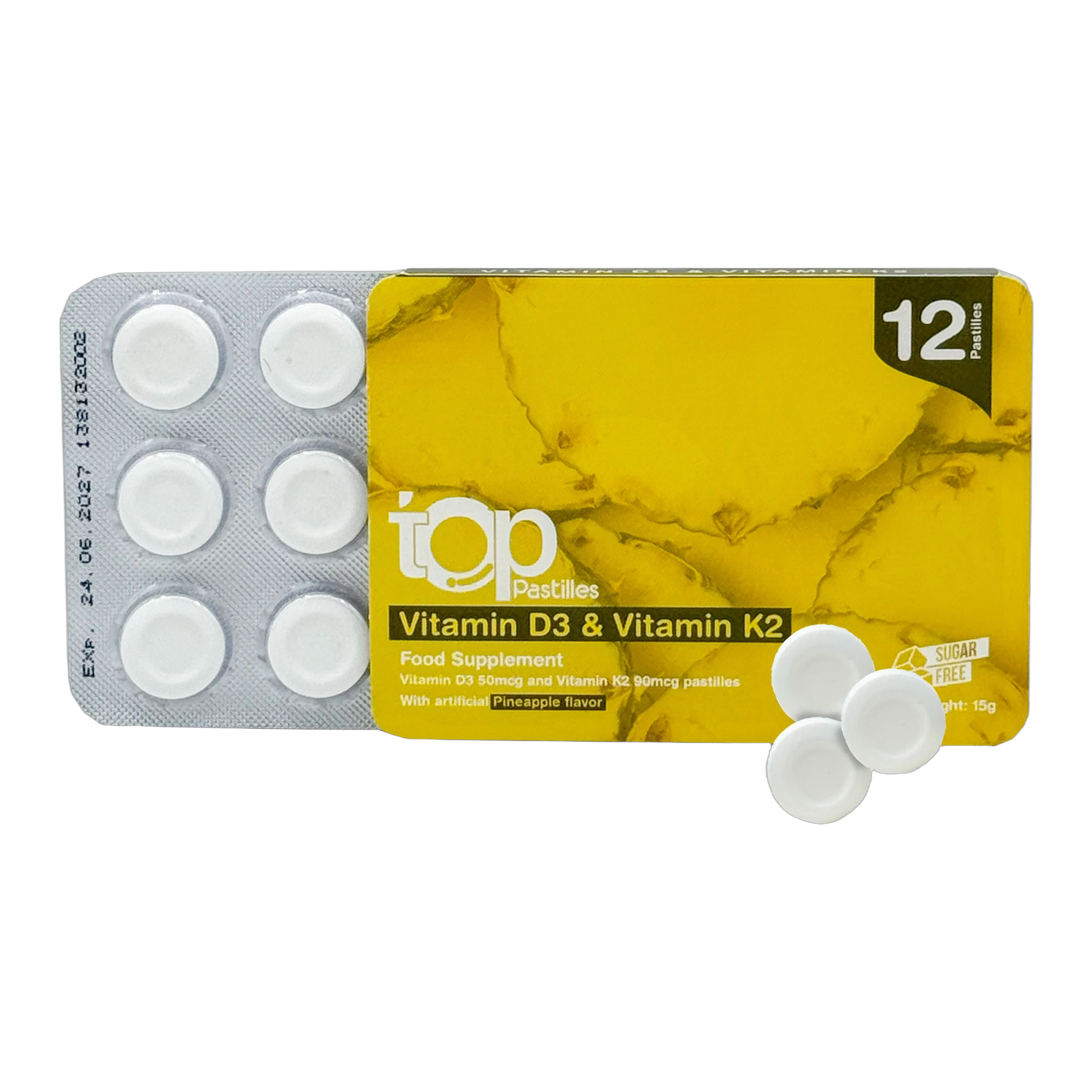 Top Vitamin D3 and K2 Vitamin D3 (2000 IU) and Vitamin K2 Pineapple Flavor 12 Pastilles
