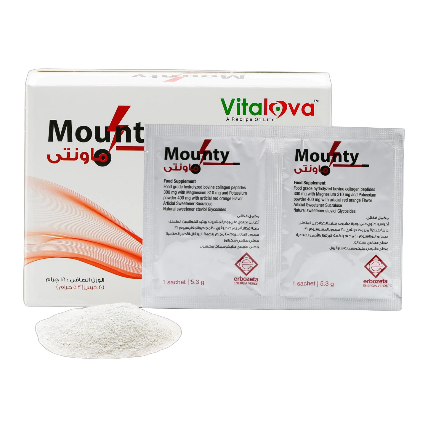 Mounty Magnesium 310 mg Potassium 400 mg and Ginseng 100 mg Red Orange Flavor 20 Sachets