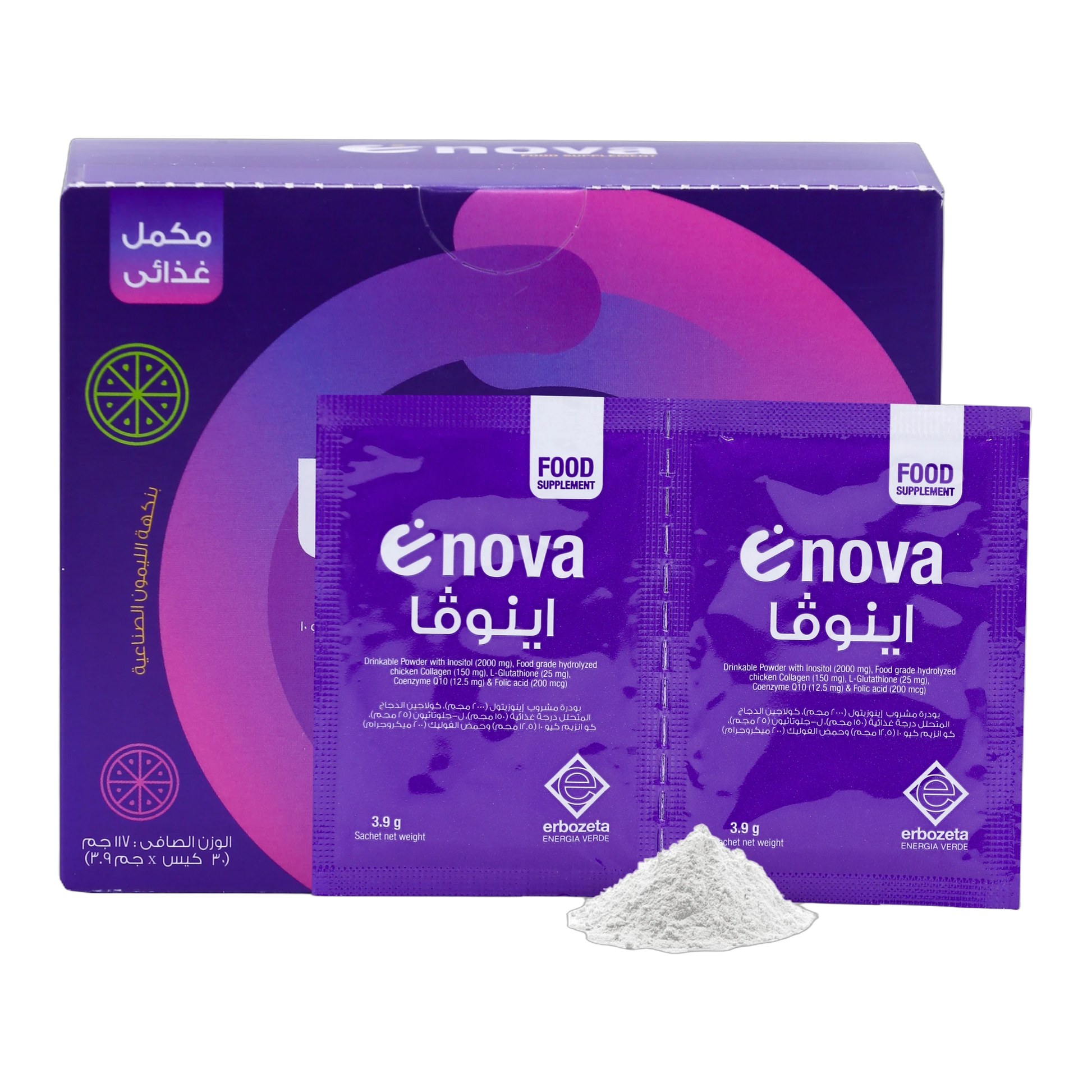 Enova Inositol 2g and Hydrolyzed Chicken Collagen 150 mg Lemon Flavor 117g 30 Sachets