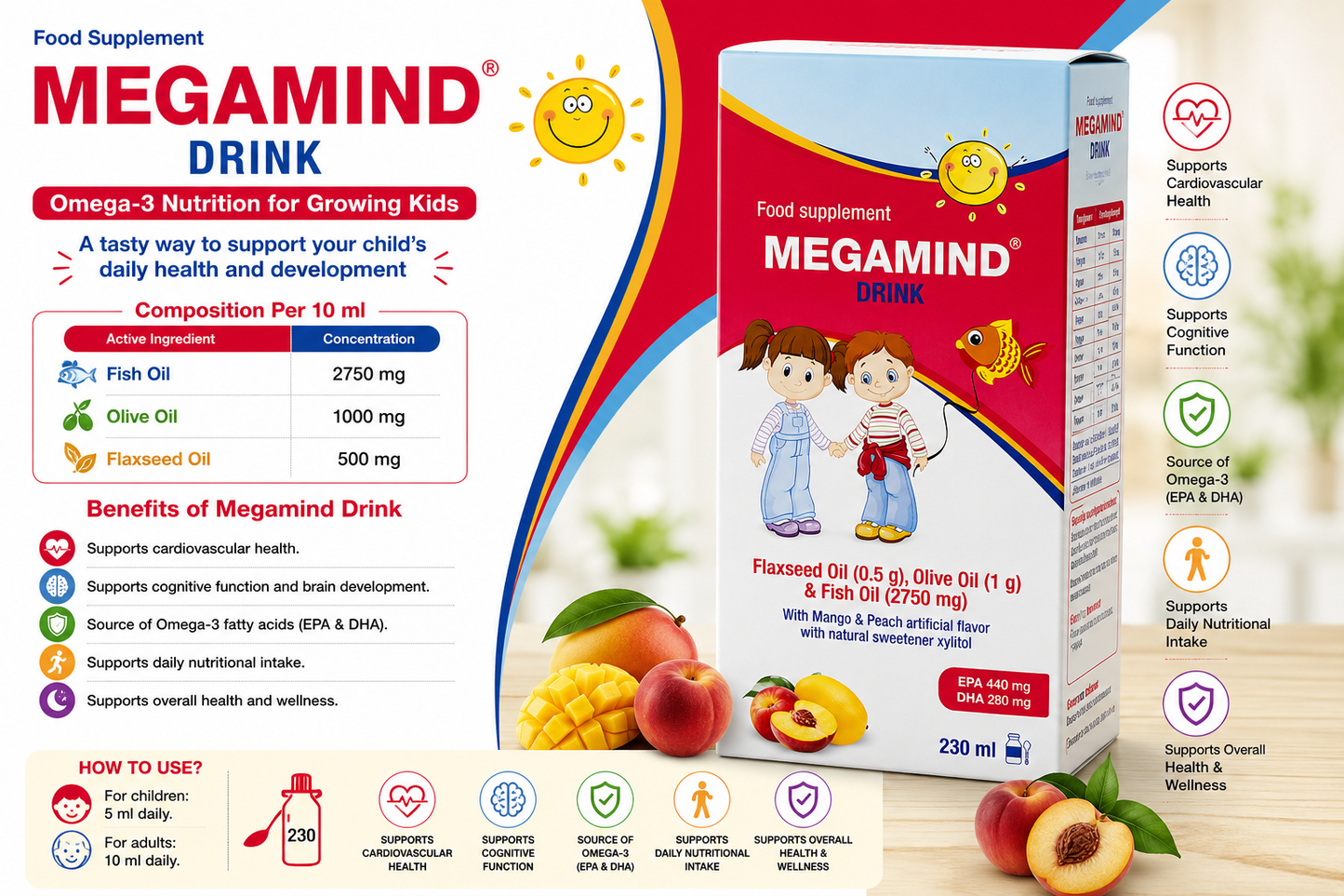 Megamind Drink Fish Oil 2.75 g, Olive Oil 1 g and Flaxseed Oil Mango and Peach Flavor 230 ml Syrup (UAE)